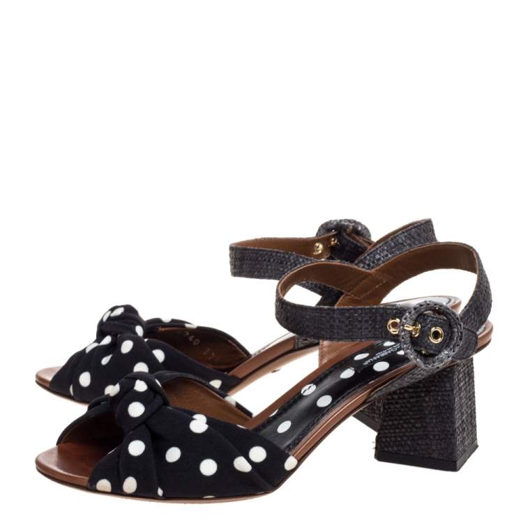 Pre Owned Dolce & Gabbana Black Raffia And Polka Dot Knotted Fabric Ankle Strap Sandals Size 37.5