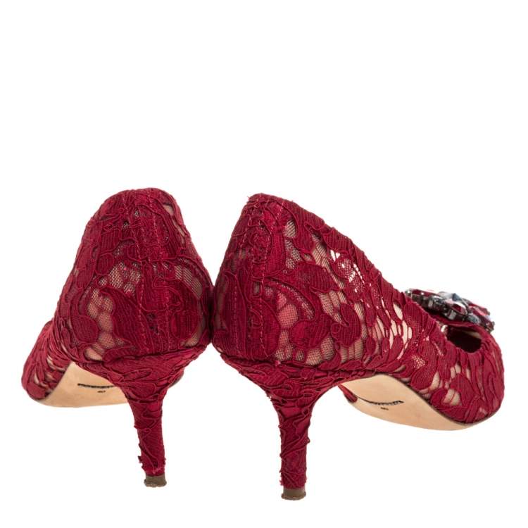 Pre Owned Dolce & Gabbana Red Lace Bellucci Crystal Embellished Pumps Size 40