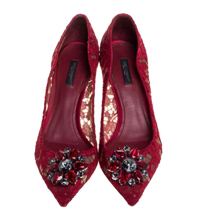 Pre Owned Dolce & Gabbana Red Lace Bellucci Crystal Embellished Pumps Size 40