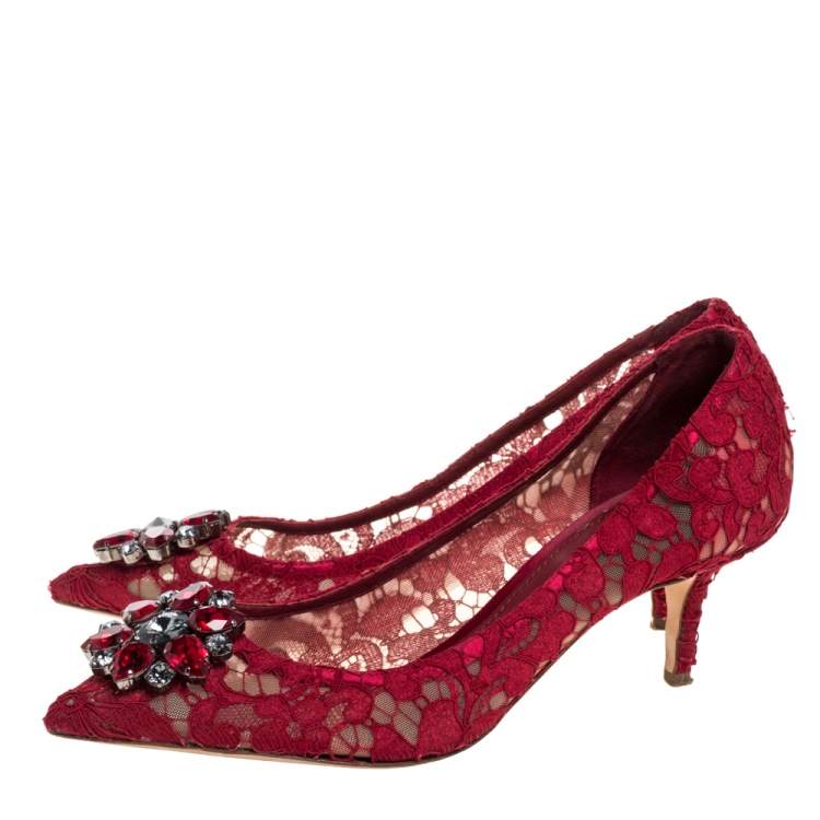 Pre Owned Dolce & Gabbana Red Lace Bellucci Crystal Embellished Pumps Size 40