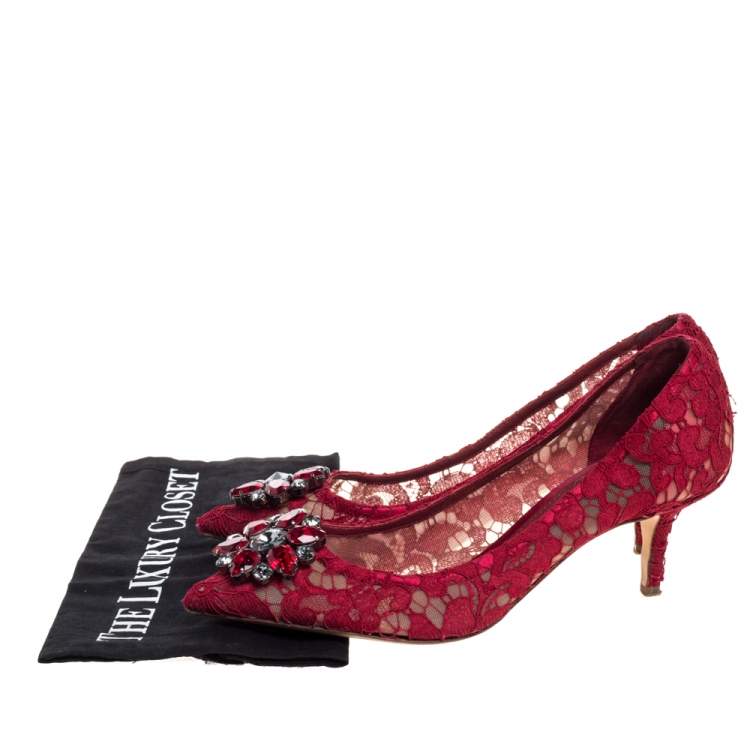 Pre Owned Dolce & Gabbana Red Lace Bellucci Crystal Embellished Pumps Size 40