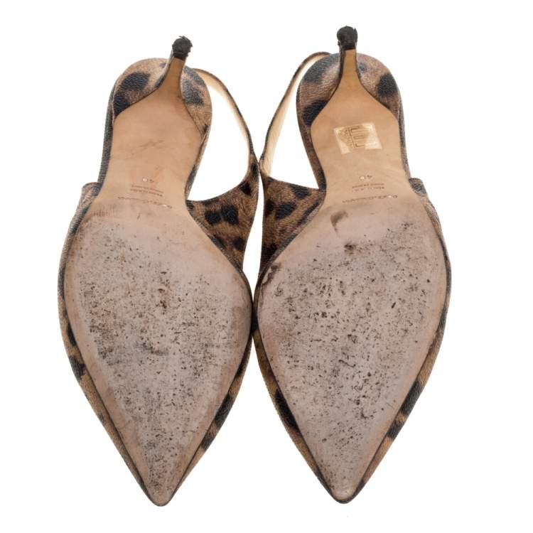 Pre Owned Dolce & Gabbana Brown/Black Leopard Print Textured Leather Slingback Sandals Size 40