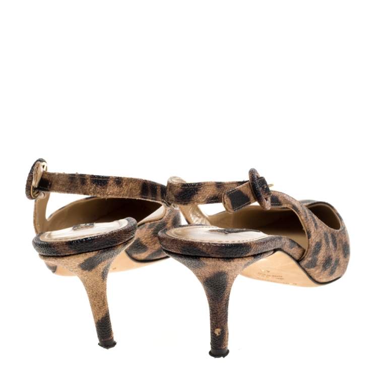 Pre Owned Dolce & Gabbana Brown/Black Leopard Print Textured Leather Slingback Sandals Size 40