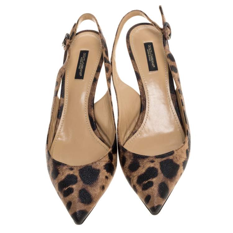 Pre Owned Dolce & Gabbana Brown/Black Leopard Print Textured Leather Slingback Sandals Size 40