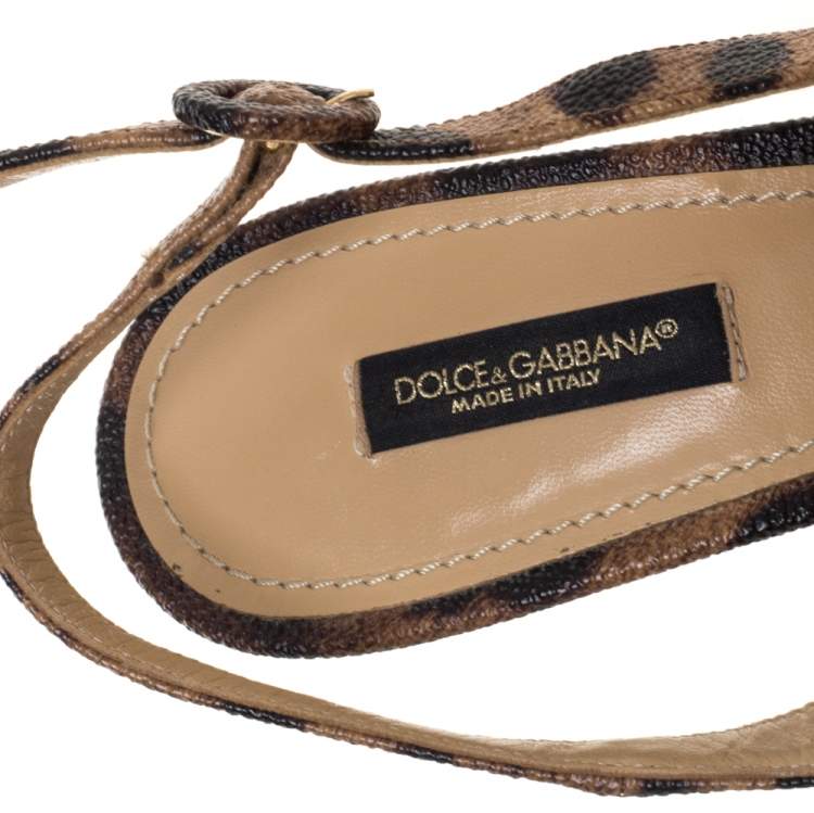 Pre Owned Dolce & Gabbana Brown/Black Leopard Print Textured Leather Slingback Sandals Size 40