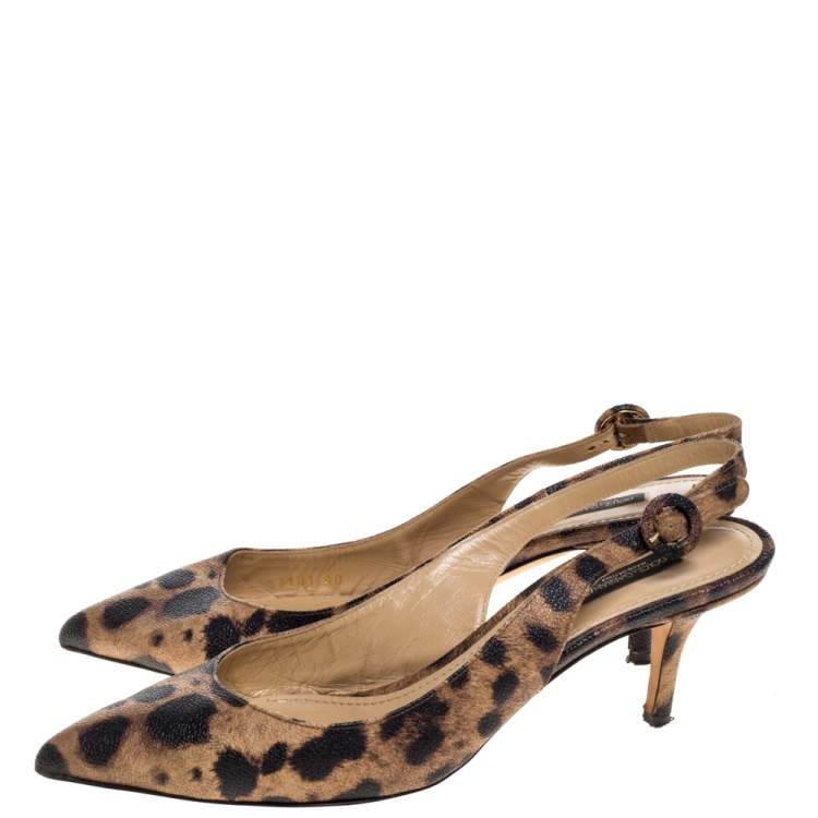 Pre Owned Dolce & Gabbana Brown/Black Leopard Print Textured Leather Slingback Sandals Size 40