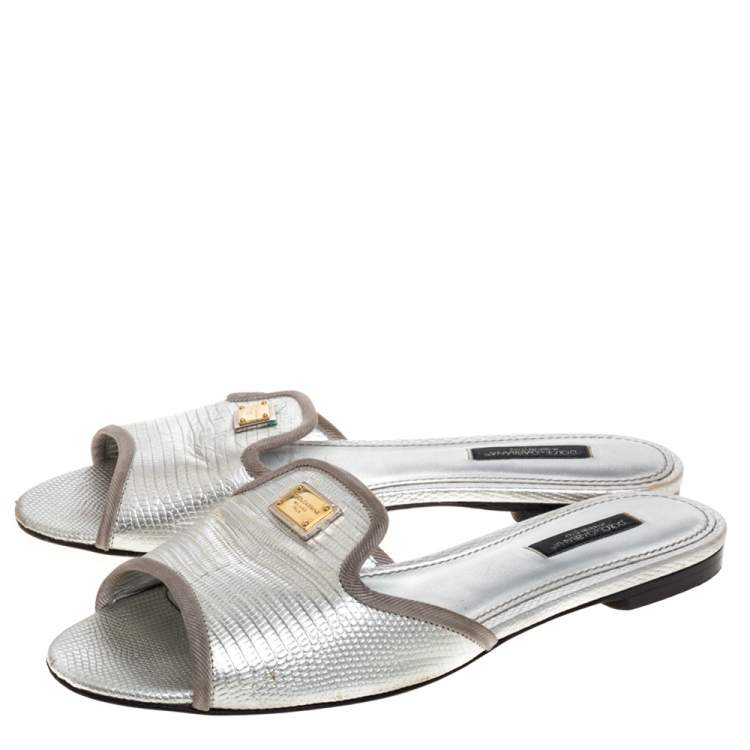 Pre Owned Dolce & Gabbana Silver Lizard Embossed Leather Flat Slides Size 37