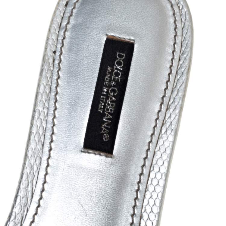 Pre Owned Dolce & Gabbana Silver Lizard Embossed Leather Flat Slides Size 37