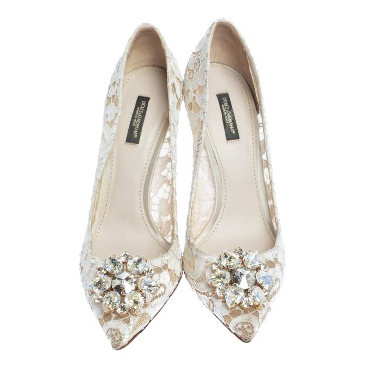 Pre Owned Dolce & Gabbana White Lace Bellucci Crystal Embellished Pumps Size 40