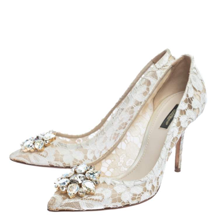 Pre Owned Dolce & Gabbana White Lace Bellucci Crystal Embellished Pumps Size 40