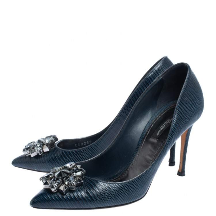 Pre Owned Dolce & Gabbana Navy Blue Lizard Embossed Leather Bellucci Crystal Embellished Pumps Size 39