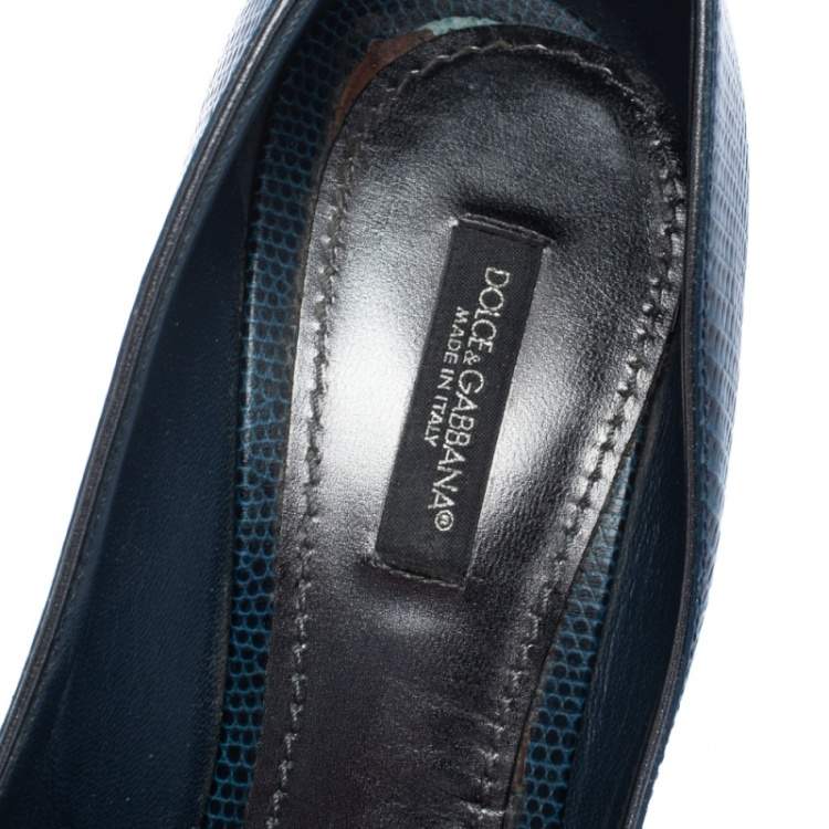 Pre Owned Dolce & Gabbana Navy Blue Lizard Embossed Leather Bellucci Crystal Embellished Pumps Size 39