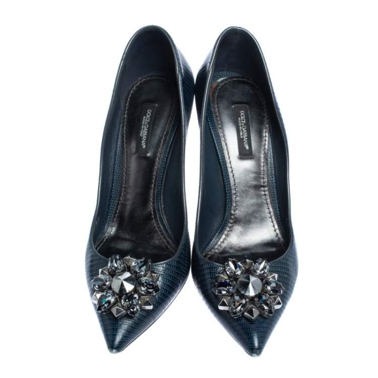 Pre Owned Dolce & Gabbana Navy Blue Lizard Embossed Leather Bellucci Crystal Embellished Pumps Size 39