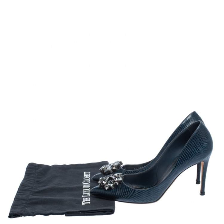 Pre Owned Dolce & Gabbana Navy Blue Lizard Embossed Leather Bellucci Crystal Embellished Pumps Size 39