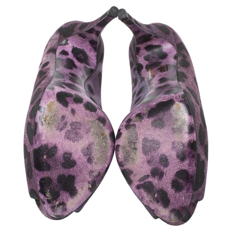 Pre Owned Dolce & Gabbana Purple/Black Leopard Print Denim Peep Toe Platform Pumps Size 36.5