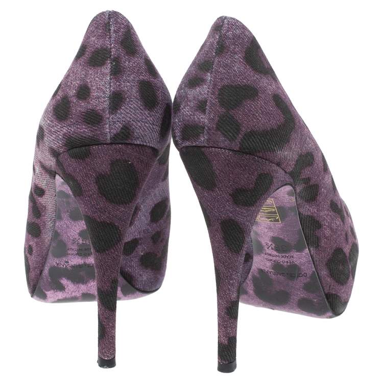 Pre Owned Dolce & Gabbana Purple/Black Leopard Print Denim Peep Toe Platform Pumps Size 36.5