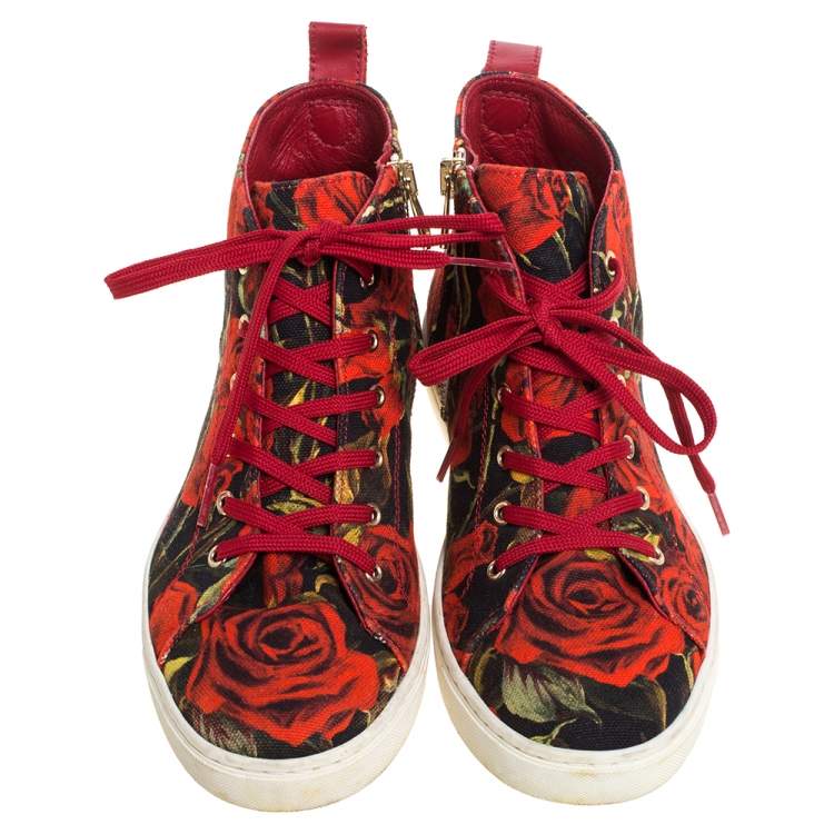Pre Owned Dolce & Gabbana Red/Black Rose Print Canvas High Top Sneakers Size 36.5
