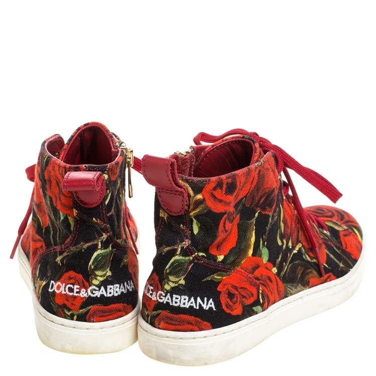 Pre Owned Dolce & Gabbana Red/Black Rose Print Canvas High Top Sneakers Size 36.5