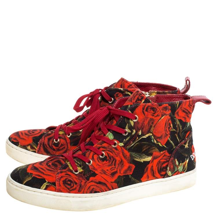 Pre Owned Dolce & Gabbana Red/Black Rose Print Canvas High Top Sneakers Size 36.5