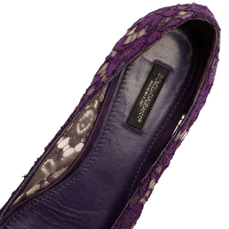 Pre Owned Dolce & Gabbana Purple Lace Jeweled Embellishment Ballet Flats Size 39