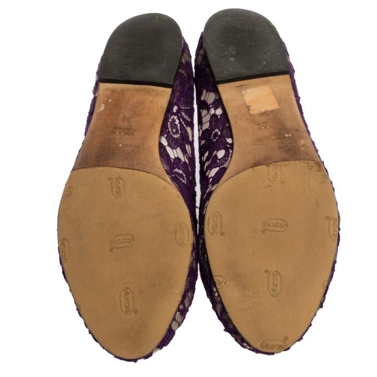 Pre Owned Dolce & Gabbana Purple Lace Jeweled Embellishment Ballet Flats Size 39