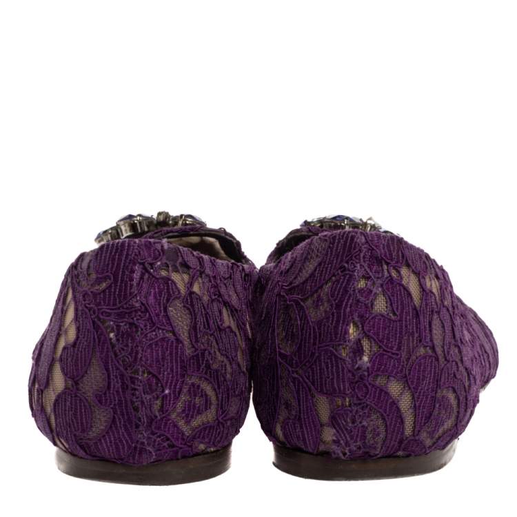 Pre Owned Dolce & Gabbana Purple Lace Jeweled Embellishment Ballet Flats Size 39