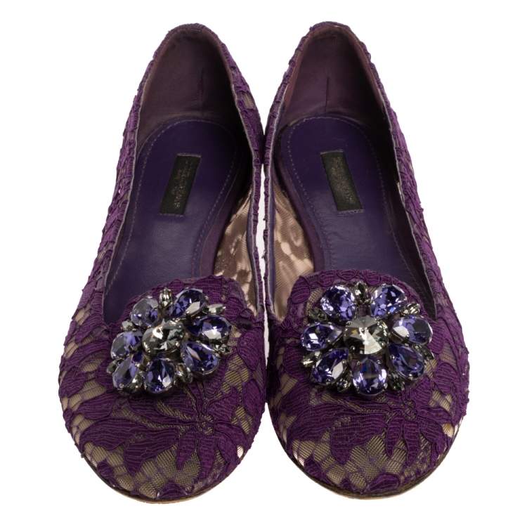 Pre Owned Dolce & Gabbana Purple Lace Jeweled Embellishment Ballet Flats Size 39