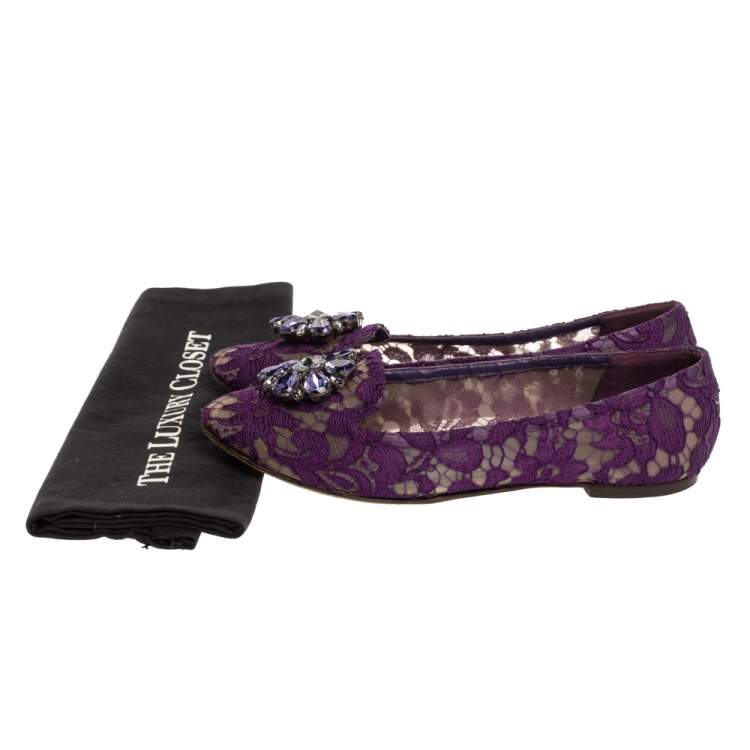 Pre Owned Dolce & Gabbana Purple Lace Jeweled Embellishment Ballet Flats Size 39