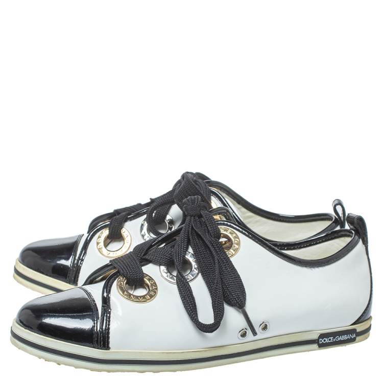 Pre Owned Dolce & Gabbana Black/White Patent Leather Fat Lace Low Top Sneakers Size 39