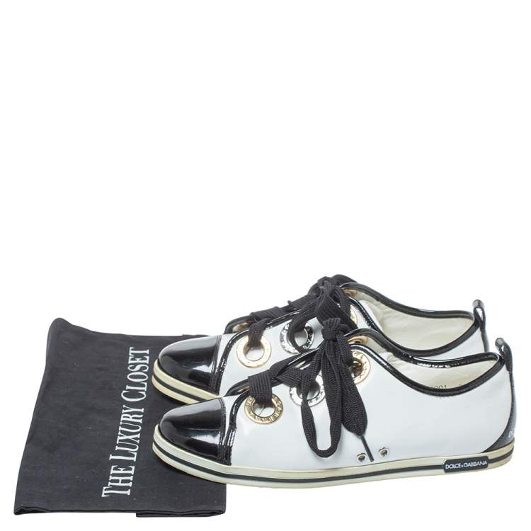 Pre Owned Dolce & Gabbana Black/White Patent Leather Fat Lace Low Top Sneakers Size 39