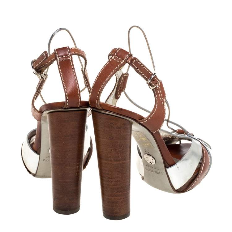 Pre Owned Dolce & Gabbana Silver/Brown Leather Platform Ankle Strap Sandals Size 38