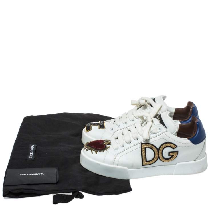 Pre Owned Dolce & Gabbana White Leather Sacred Heart Portofino Lace Up Sneakers Size 35.5
