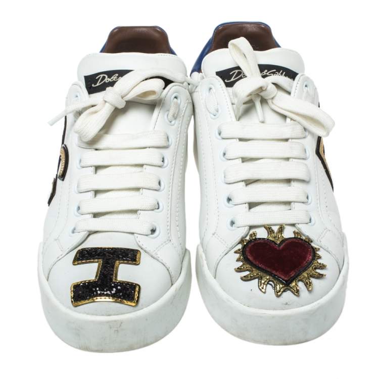 Pre Owned Dolce & Gabbana White Leather Sacred Heart Portofino Lace Up Sneakers Size 35.5