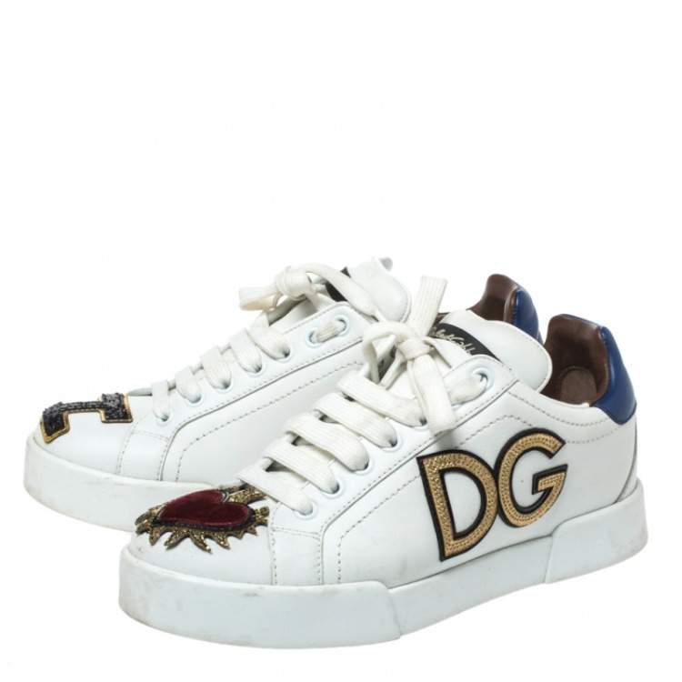 Pre Owned Dolce & Gabbana White Leather Sacred Heart Portofino Lace Up Sneakers Size 35.5