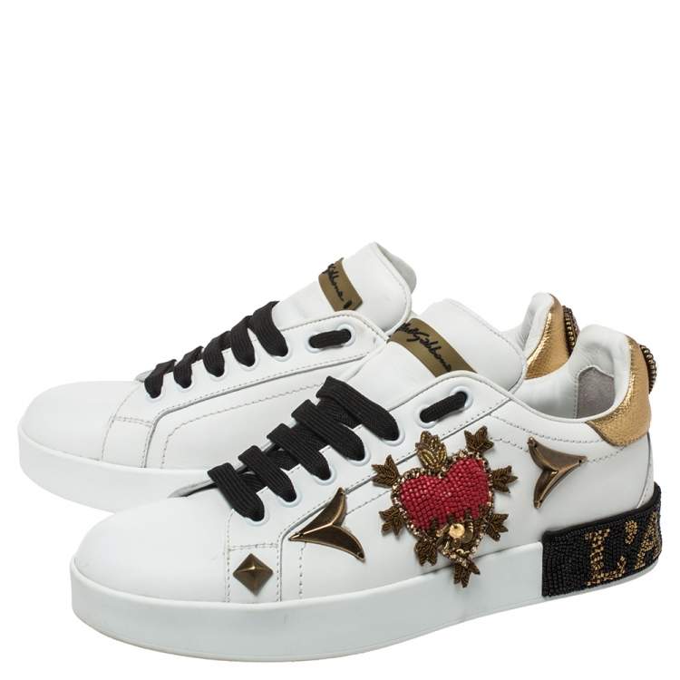 Pre Owned Dolce and Gabbana White Leather Portofino Embellished Low Top Sneakers Size 37