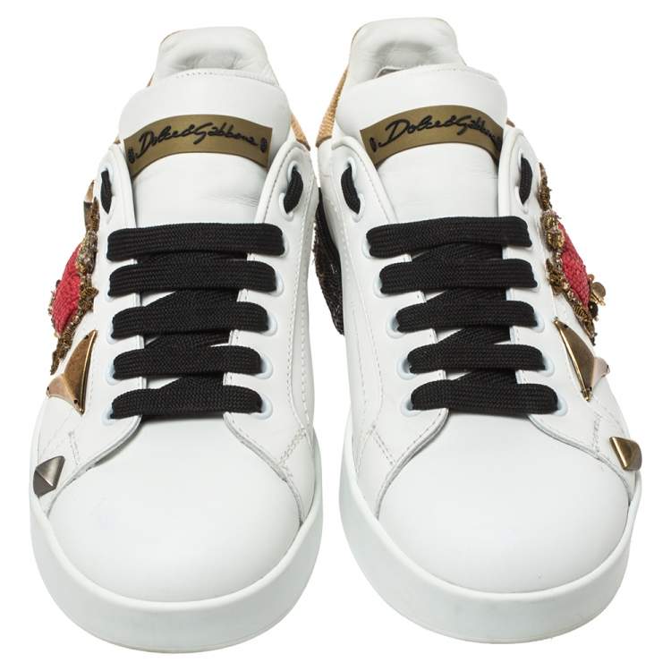 Pre Owned Dolce and Gabbana White Leather Portofino Embellished Low Top Sneakers Size 37