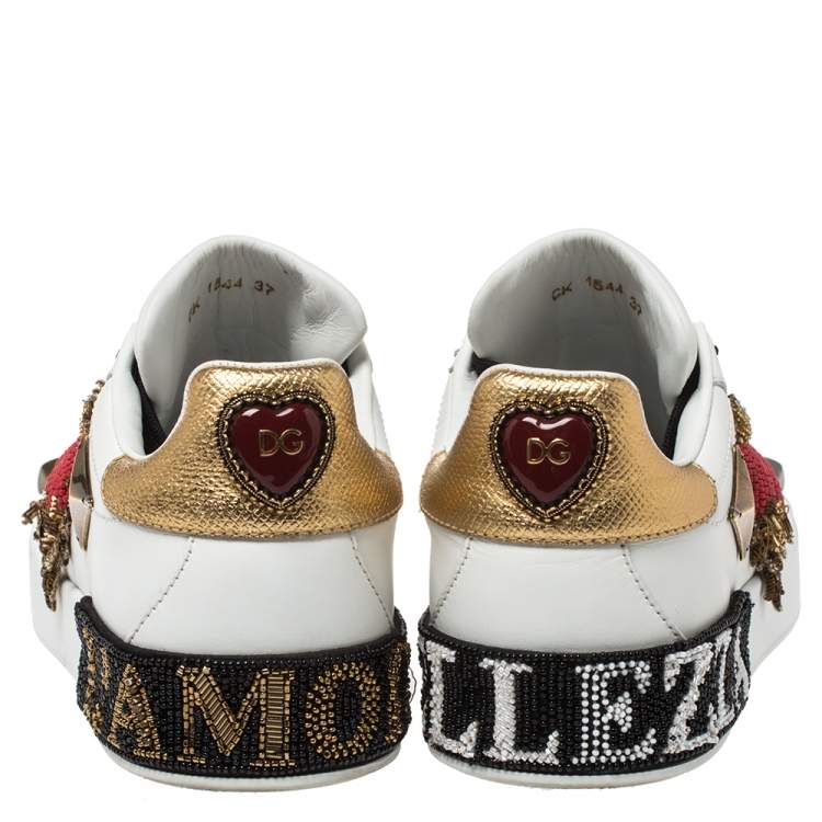Pre Owned Dolce and Gabbana White Leather Portofino Embellished Low Top Sneakers Size 37