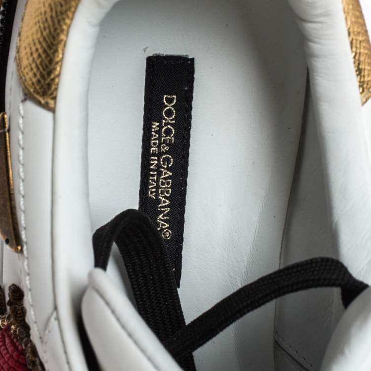 Pre Owned Dolce and Gabbana White Leather Portofino Embellished Low Top Sneakers Size 37