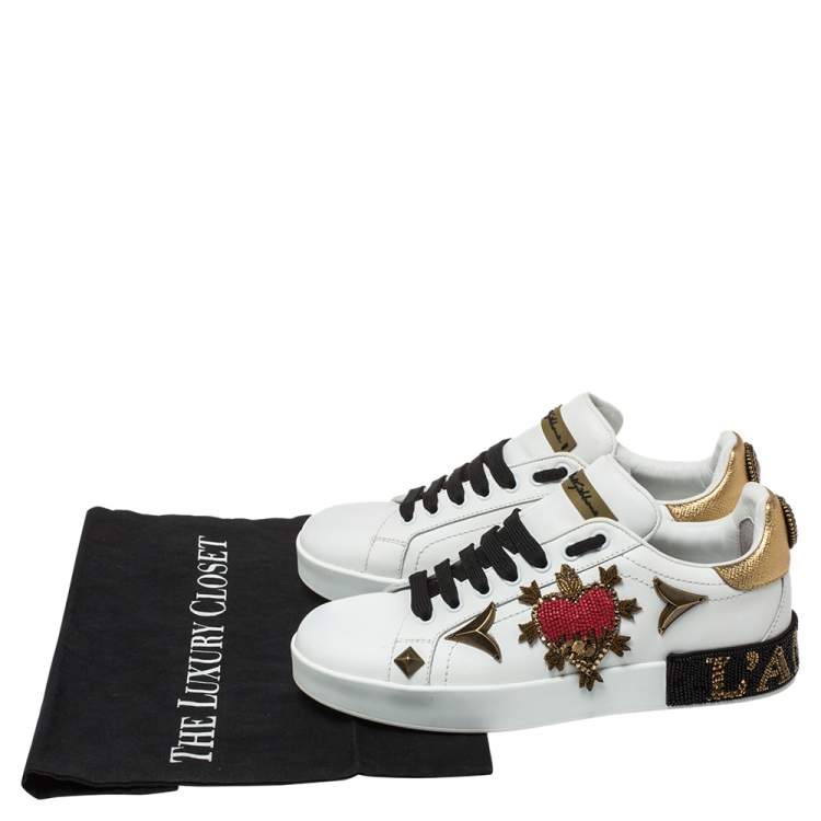 Pre Owned Dolce and Gabbana White Leather Portofino Embellished Low Top Sneakers Size 37