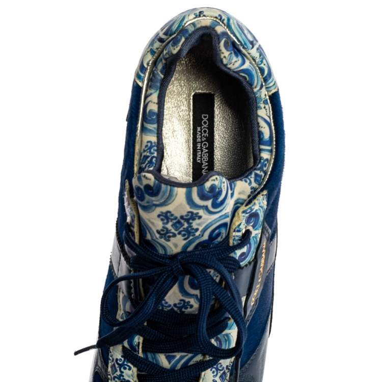 Pre Owned Dolce & Gabbana Blue/White Majolica Print Leather And Pony Hair Platform Sneakers Size 38.5