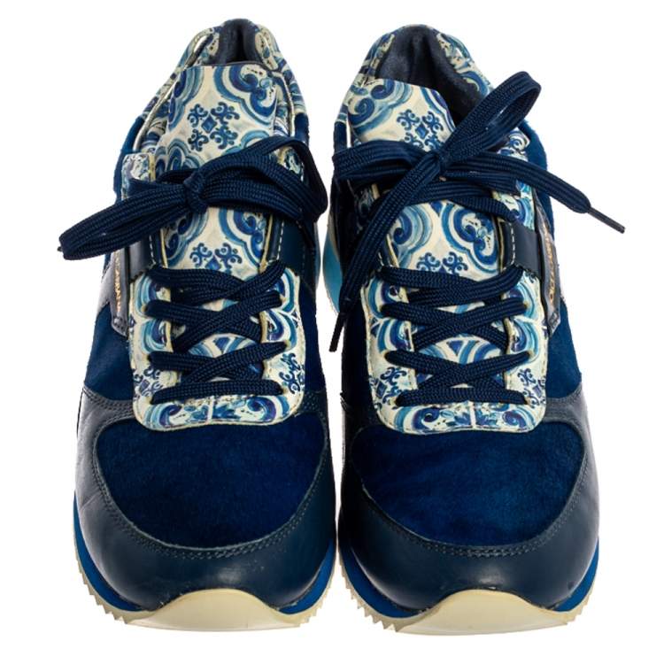 Pre Owned Dolce & Gabbana Blue/White Majolica Print Leather And Pony Hair Platform Sneakers Size 38.5