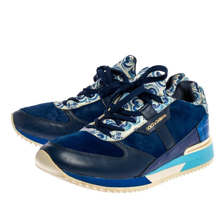 Pre Owned Dolce & Gabbana Blue/White Majolica Print Leather And Pony Hair Platform Sneakers Size 38.5