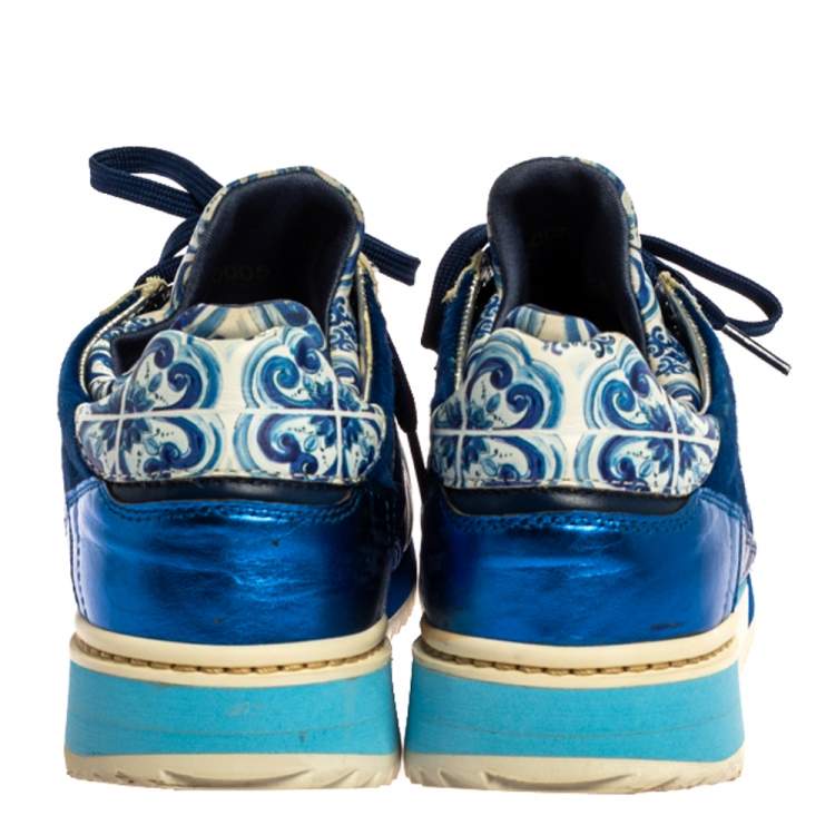 Pre Owned Dolce & Gabbana Blue/White Majolica Print Leather And Pony Hair Platform Sneakers Size 38.5