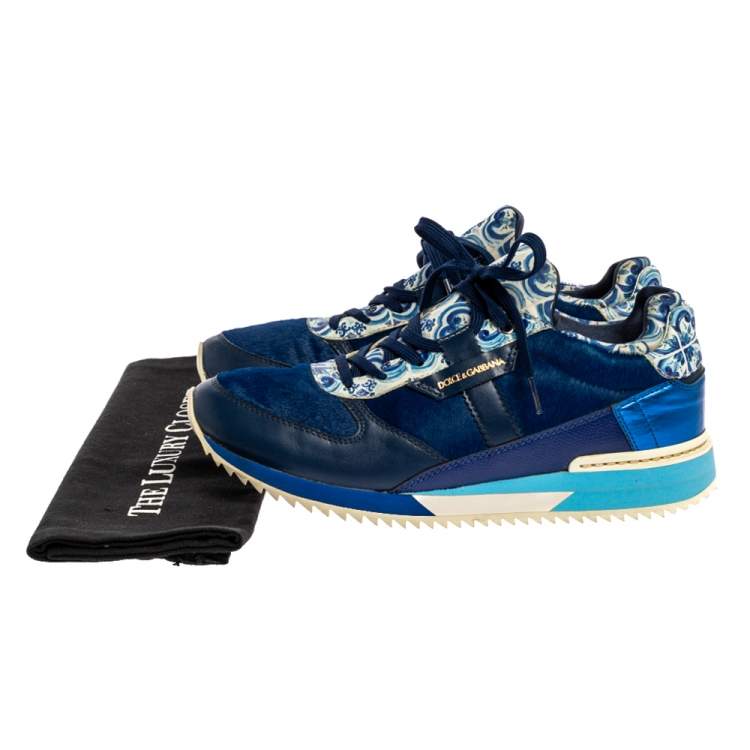 Pre Owned Dolce & Gabbana Blue/White Majolica Print Leather And Pony Hair Platform Sneakers Size 38.5