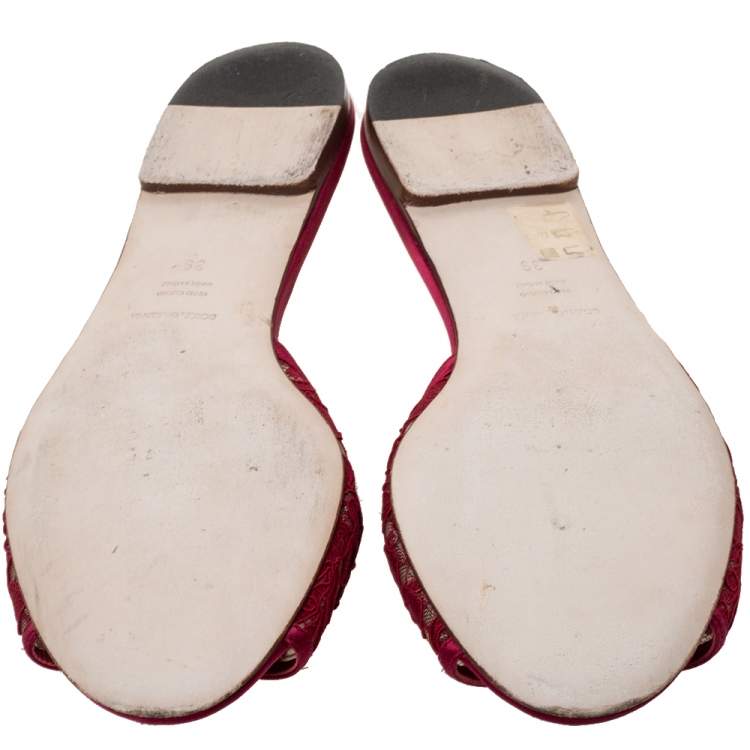 Pre Owned Dolce & Gabbana Red Lace Crystal Embellished Flat Slides Size 39