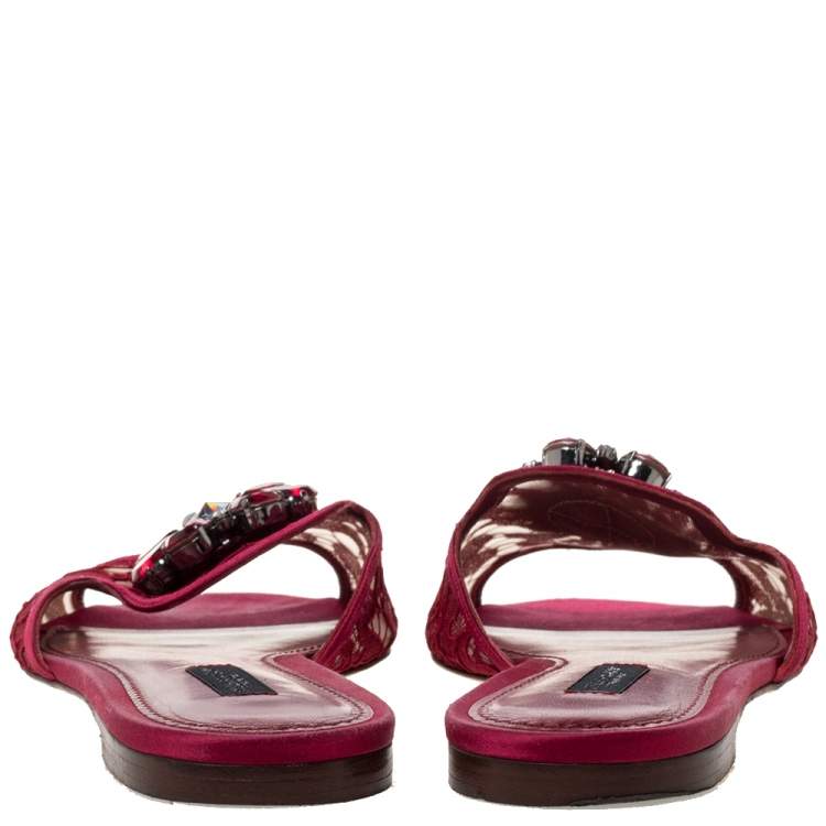 Pre Owned Dolce & Gabbana Red Lace Crystal Embellished Flat Slides Size 39