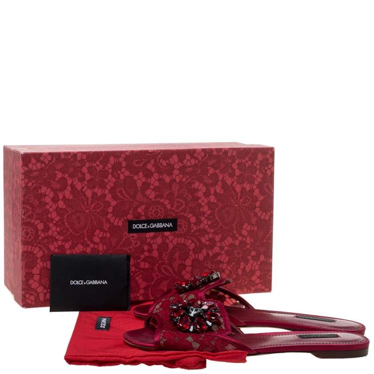 Pre Owned Dolce & Gabbana Red Lace Crystal Embellished Flat Slides Size 39