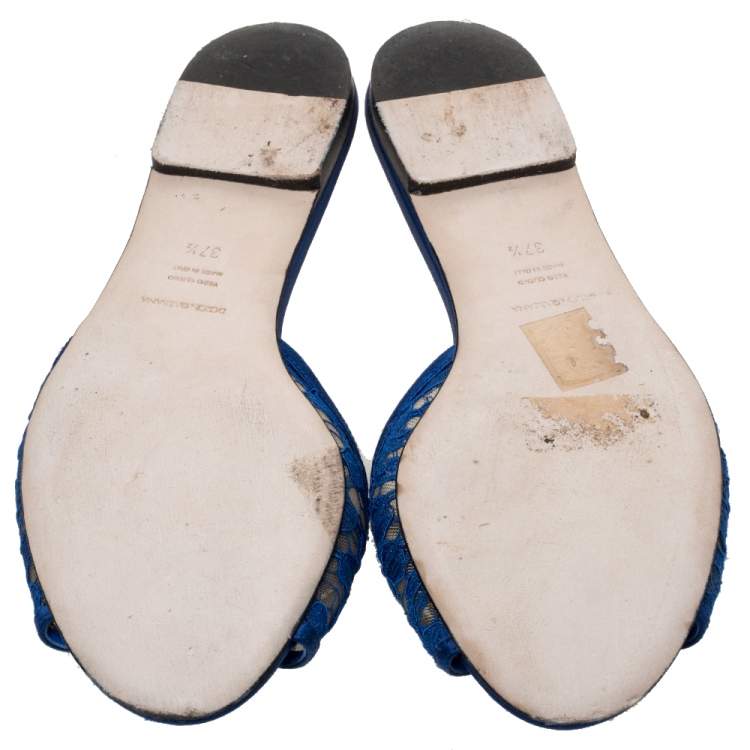 Pre Owned Dolce & Gabbana Blue Lace Crystal Embellished Flat Slides Size 37.5