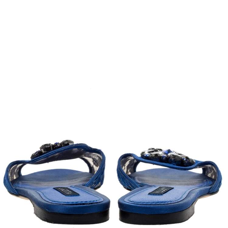 Pre Owned Dolce & Gabbana Blue Lace Crystal Embellished Flat Slides Size 37.5
