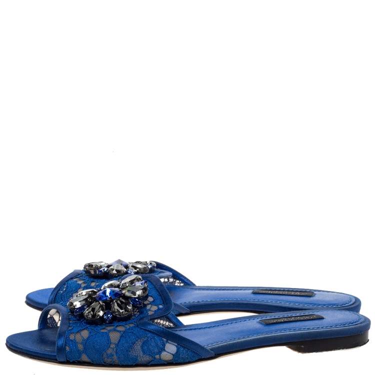 Pre Owned Dolce & Gabbana Blue Lace Crystal Embellished Flat Slides Size 37.5